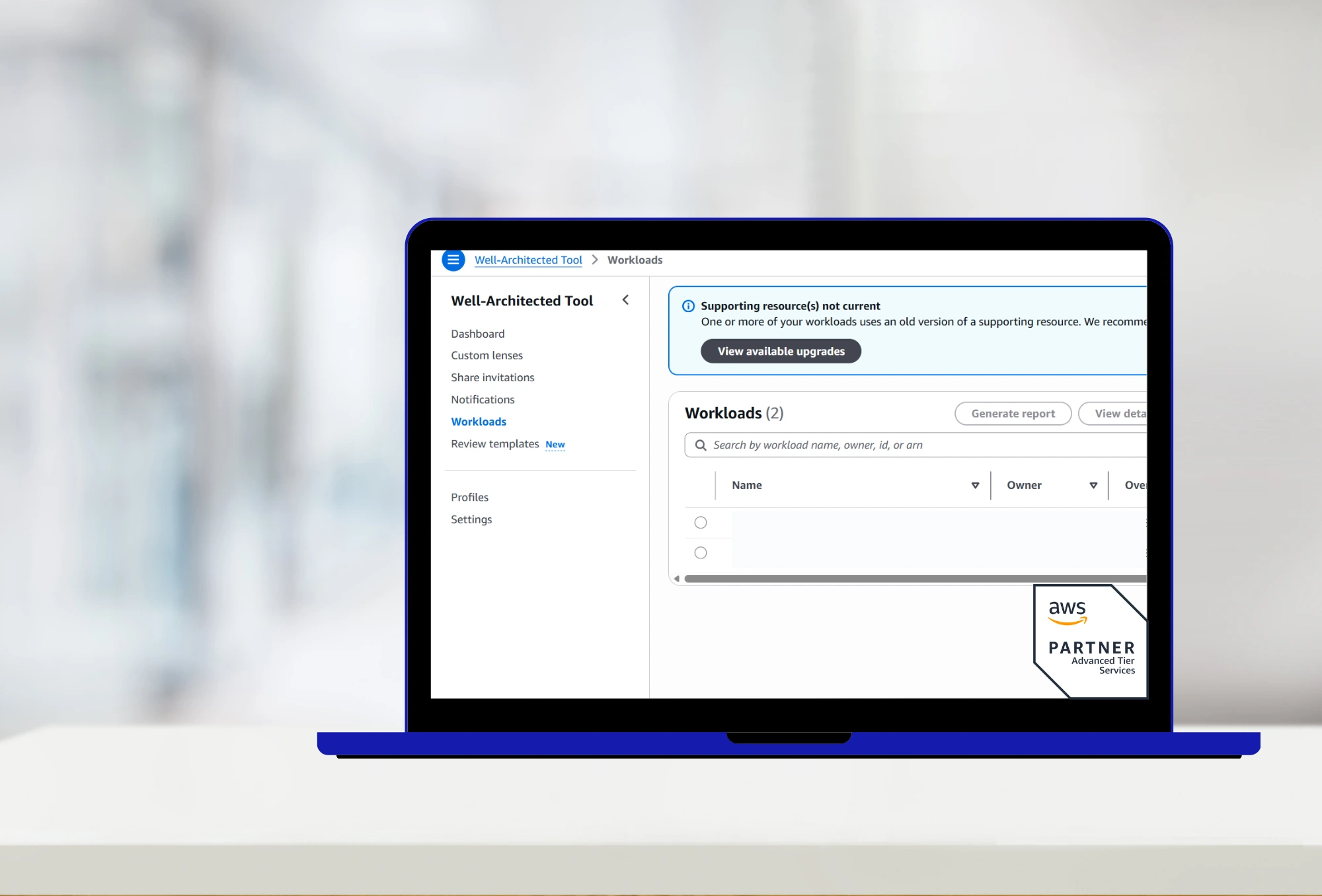 AWS Well-Architected Tool interface displaying workload review and best practice assessments.
