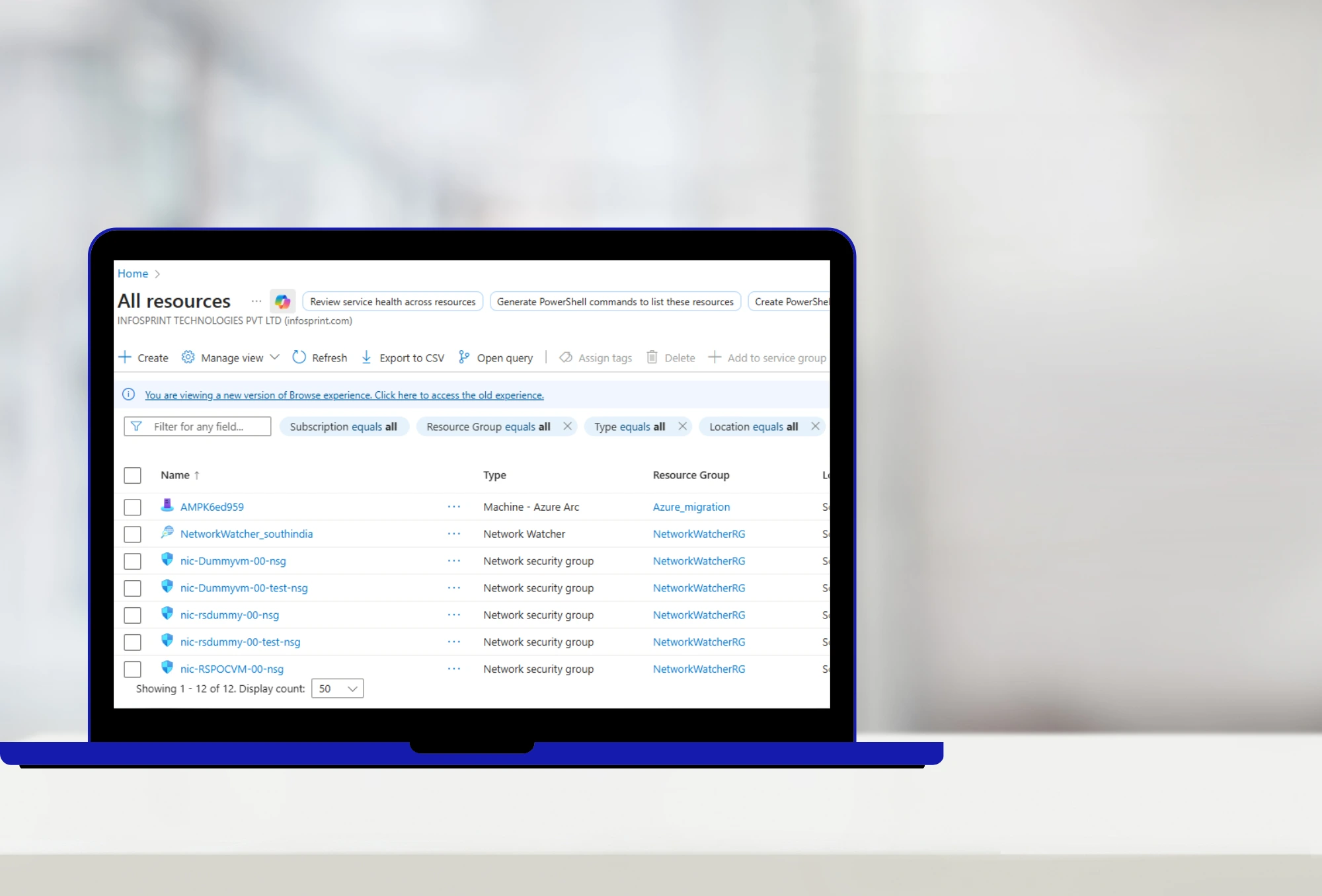 Microsoft Azure cloud resources and services interface for enterprise cloud management.