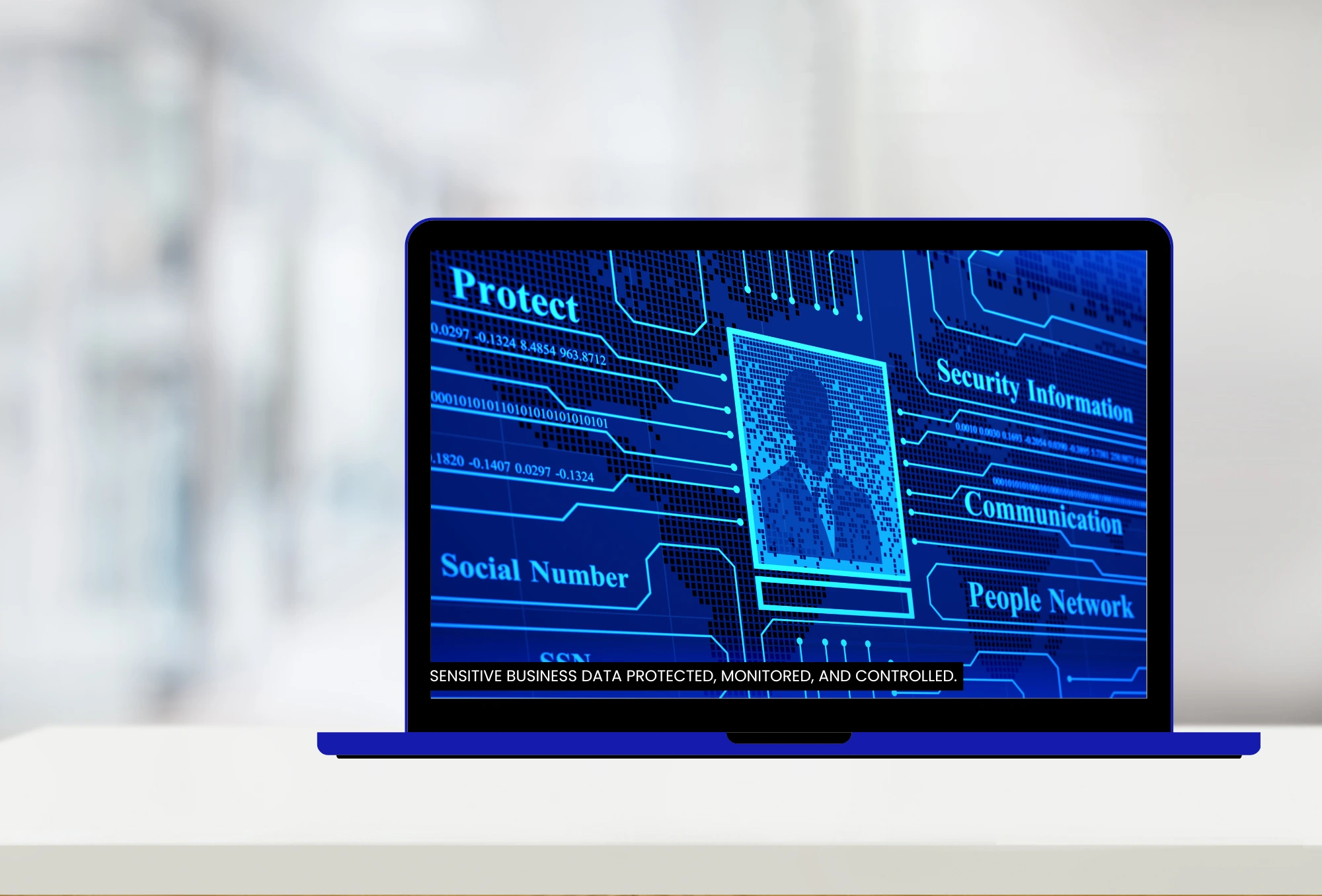 Data security monitoring system protecting sensitive business information through access controls and encryption.