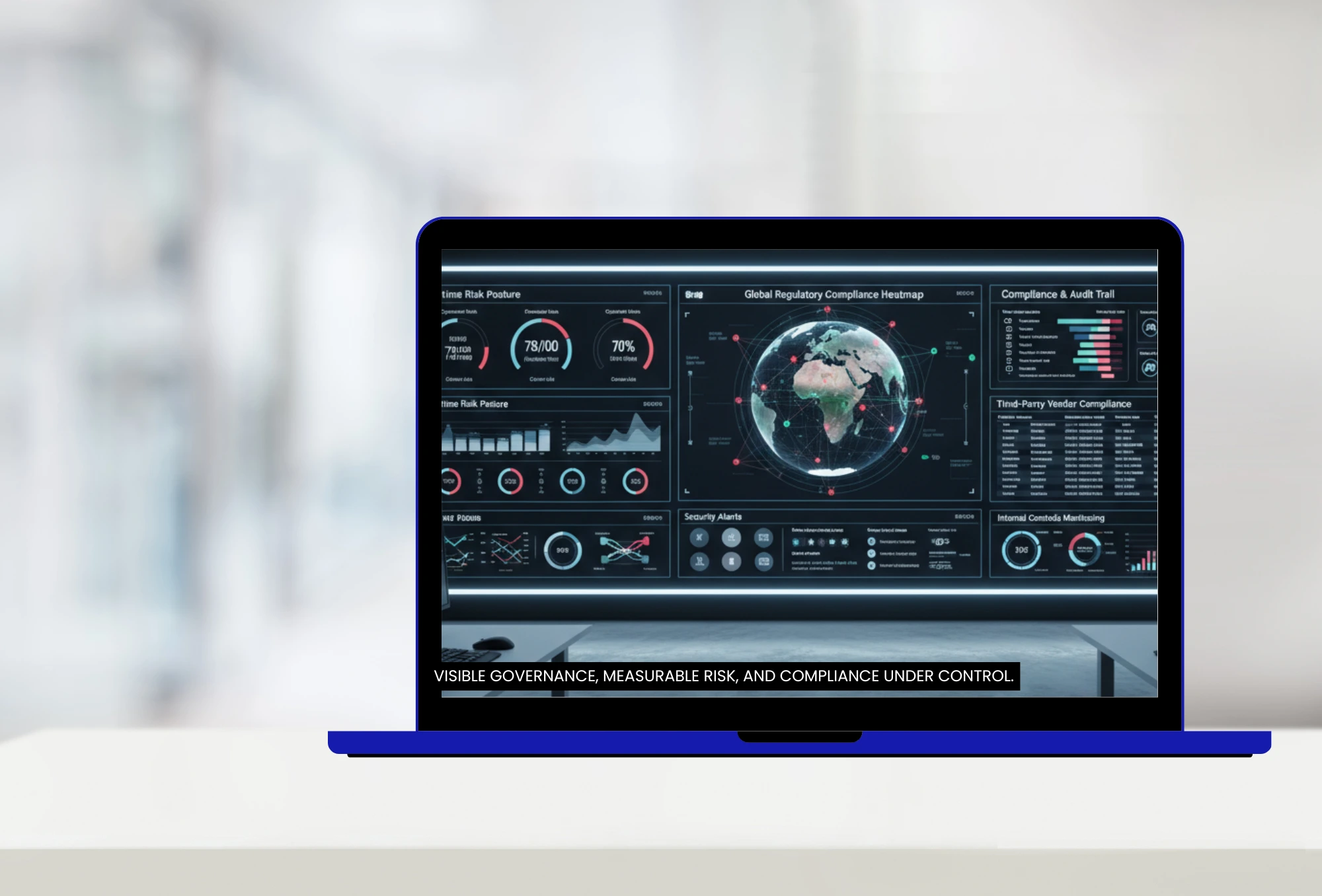 Governance, risk, and compliance (GRC) dashboard showing regulatory compliance, risk metrics, and security oversight.