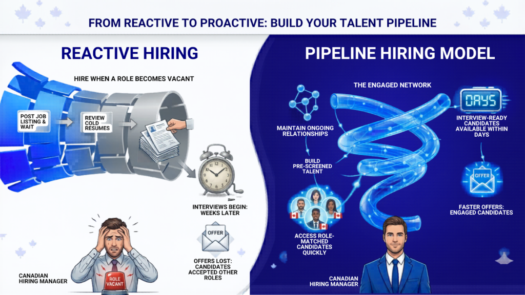 The second infographic illustrates the shift from Reactive Hiring to a Pipeline Hiring Model. The reactive approach is shown as a slow, stressful process triggered by vacancies, often resulting in lost candidates due to long wait times for cold resume reviews. In contrast, the proactive pipeline model utilizes a continuous, engaged network of pre-screened talent, enabling managers to access matched candidates and extend offers within days rather than weeks.
