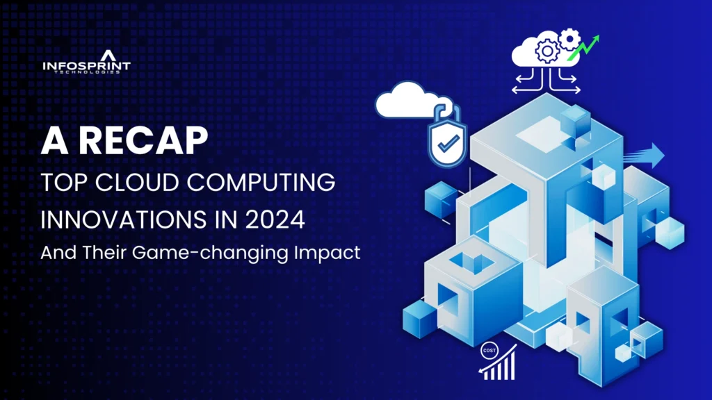 Illustration of cloud security and infrastructure blocks with the title “A Recap: Top Cloud Computing Innovations in 2024” by Infosprint Technologies.