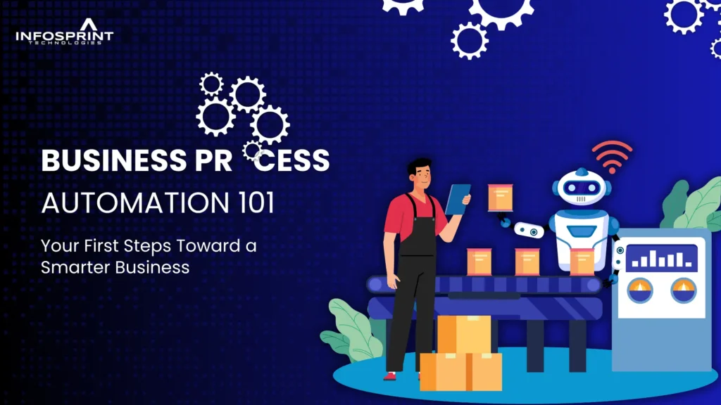 Graphic of a worker and a robot automating tasks on a production line, titled “Business Process Automation 101 – Your First Steps Toward a Smarter Business.