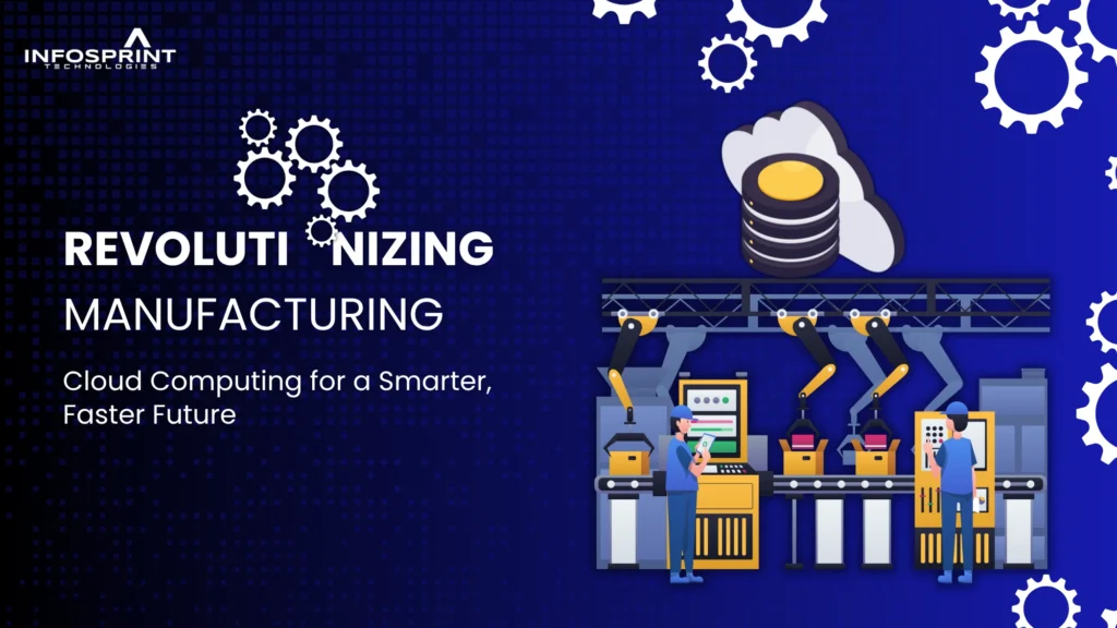 Illustration of a smart manufacturing assembly line with robotic arms and cloud storage icon, titled “Revolutionizing Manufacturing with Cloud Computing.
