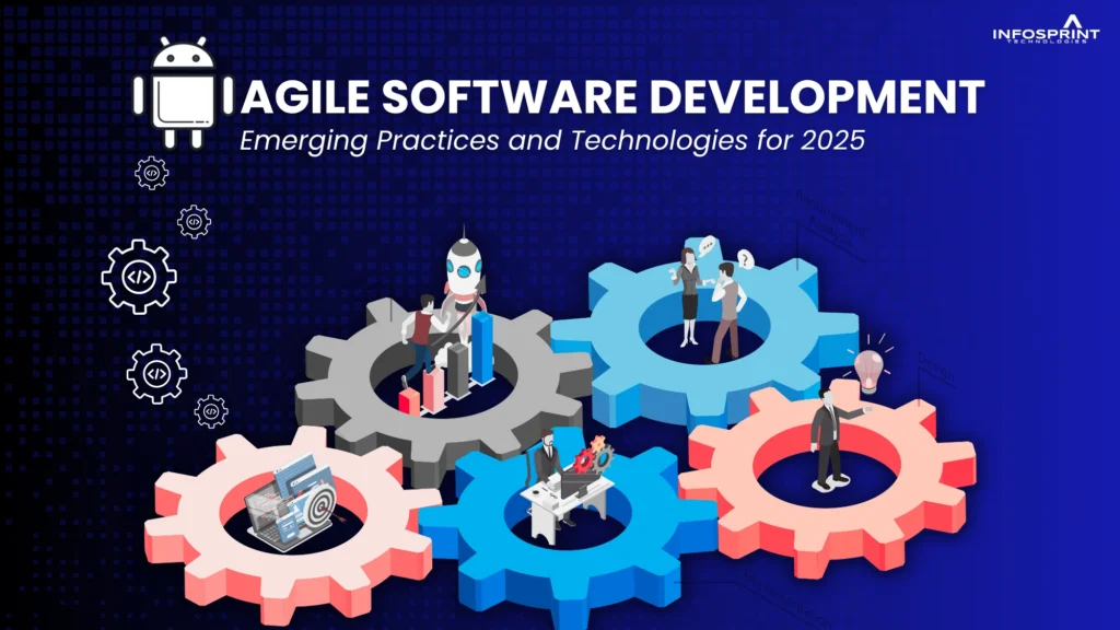 Visualization of teams and robots working inside interconnected gears with the title “Agile Software Development – Emerging Practices and Technologies for 2025.