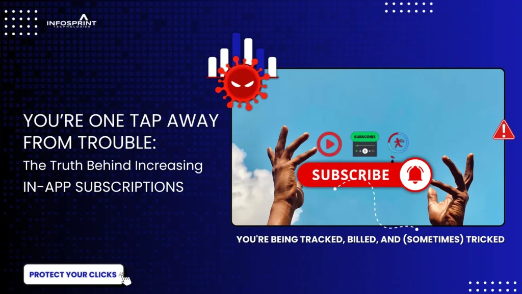 Hands reaching toward a large red “Subscribe” button with warning icons, representing risks behind increasing in-app subscriptions and accidental charges.