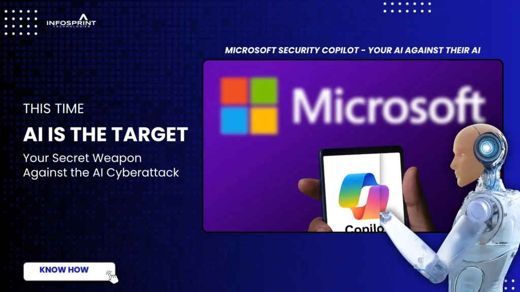 Robot interacting with a screen displaying Microsoft and Copilot logos, highlighting the message “AI Is the Target” and the need for AI-powered cybersecurity.