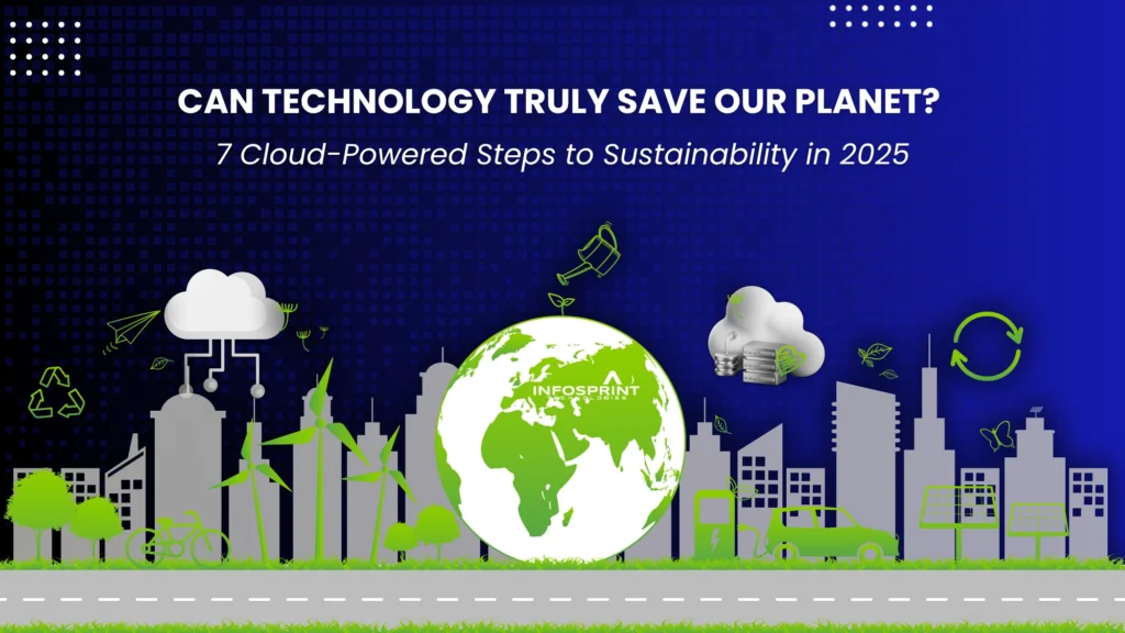 Green cityscape with renewable energy icons, wind turbines, electric vehicles, and a large Earth graphic, representing 7 cloud-powered steps toward sustainability in 2025.
