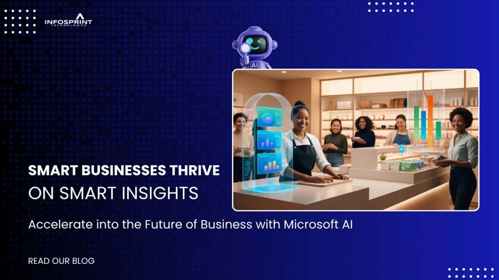 Retail staff standing behind a counter with holographic AI dashboards and analytics, highlighting how Microsoft AI helps businesses gain smart insights.