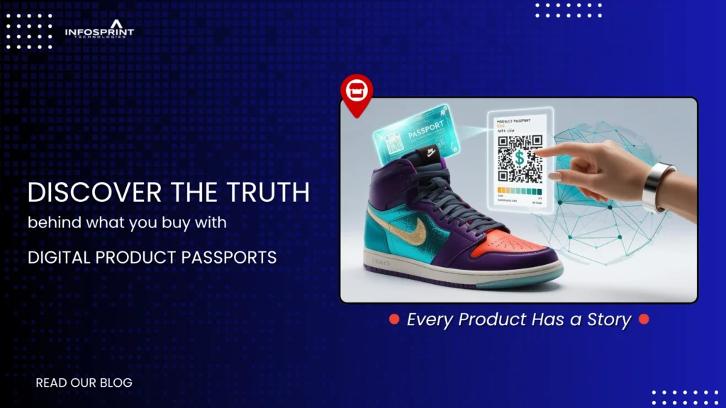 Hand scanning a digital product passport QR code above a brightly colored sneaker, showing transparency and traceability in consumer products.