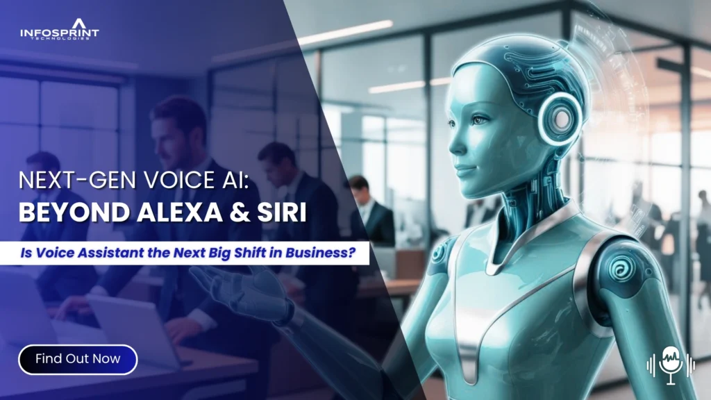 Futuristic humanoid voice-AI robot in an office setting, representing the evolution of voice assistants beyond Alexa and Siri.