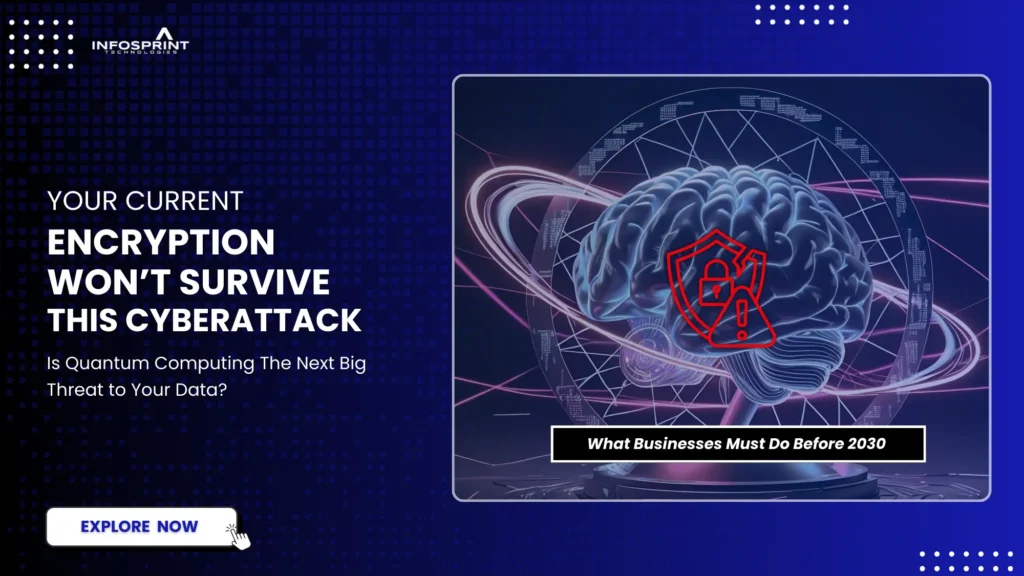 Digital brain graphic with a red security breach icon, warning that current encryption may not survive future quantum cyberattacks.