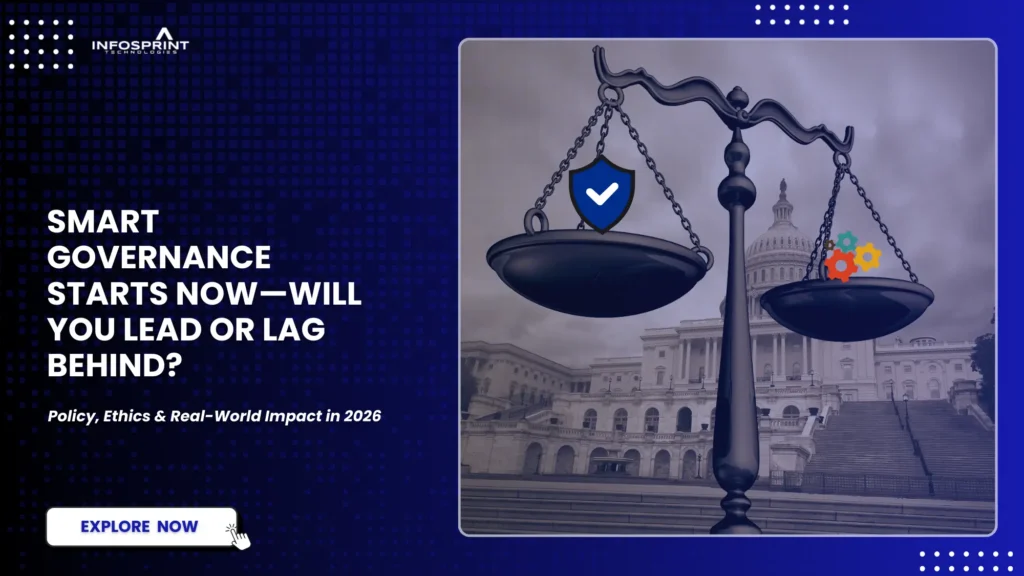 Scales of justice in front of a government building, representing smart governance, ethics, and policy changes shaping 2026.
