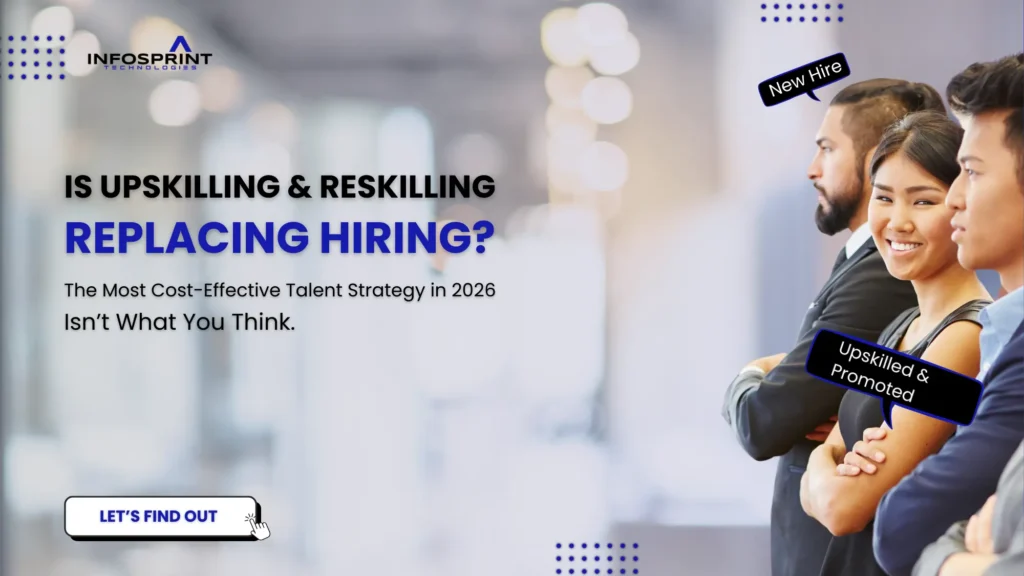 Group of professionals standing in a row, with labels indicating a new hire and an upskilled employee, representing the shift from hiring to reskilling in 2026.