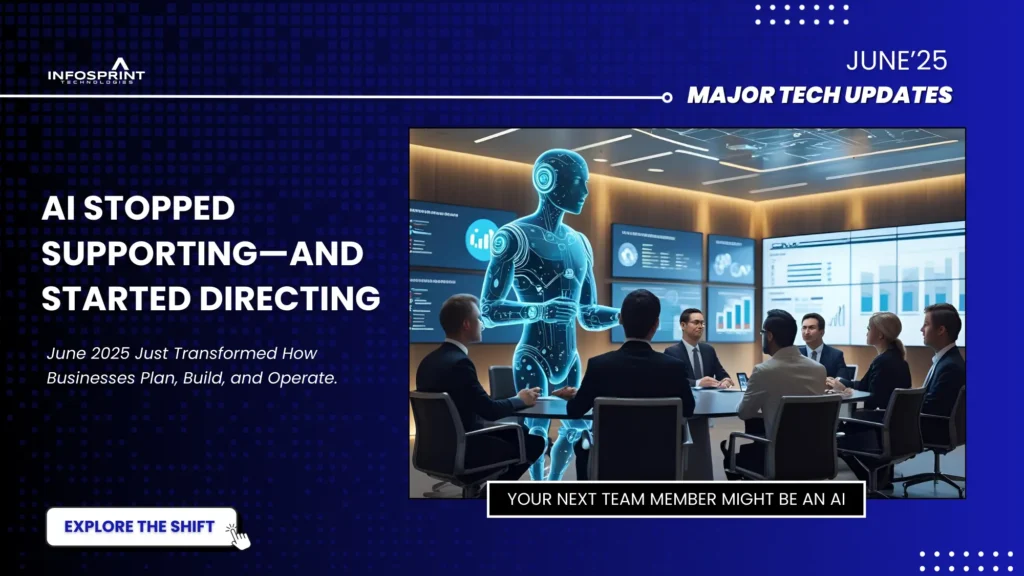 Corporate meeting room with executives seated around a table while a holographic AI figure presents data visualizations on large digital screen