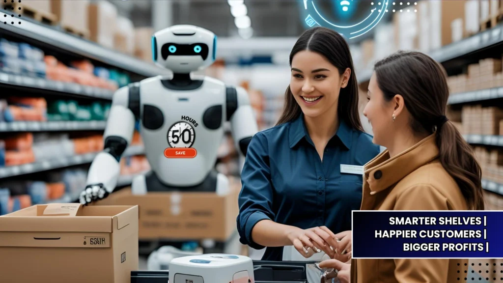 Retail robot assisting staff with inventory tasks while two women interact at a checkout counter, showcasing automation benefits like smarter shelves and increased profits