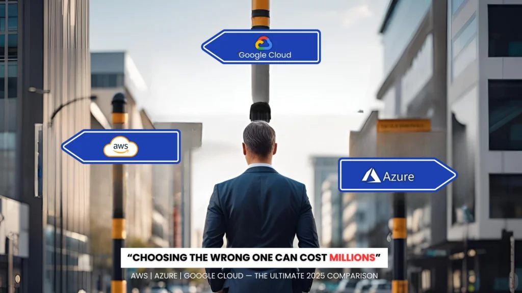 Business professional standing at a crossroads with signboards pointing to AWS, Azure, and Google Cloud, representing cloud provider selection impact in 2025