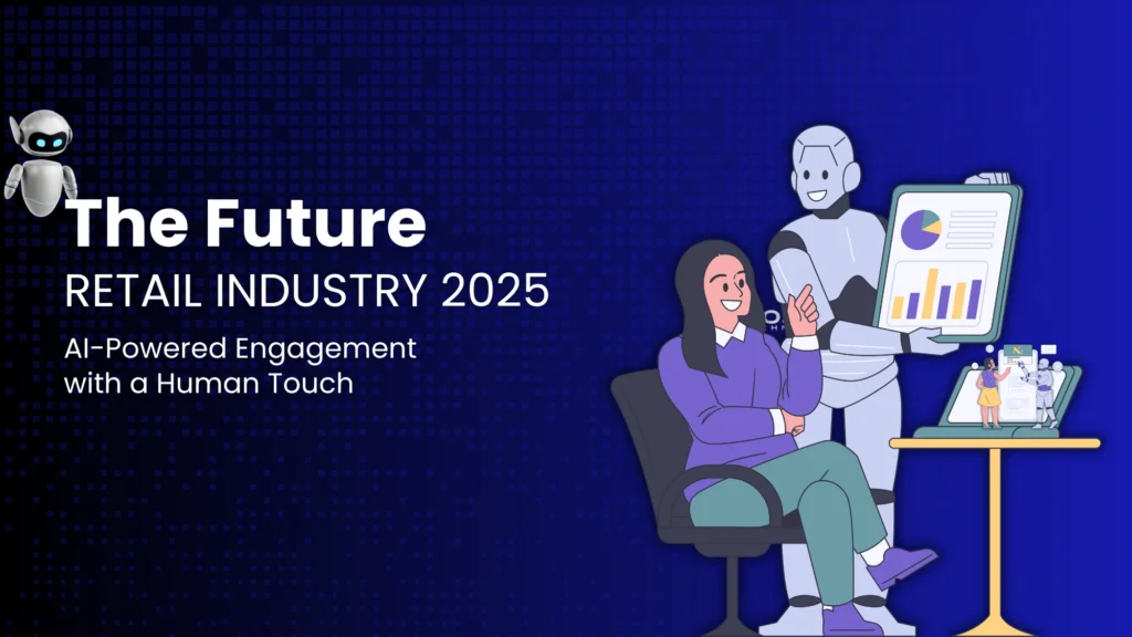 Robot presenting analytics to a woman with the title “The Future: Retail Industry 2025 – AI-Powered Engagement with a Human Touch.