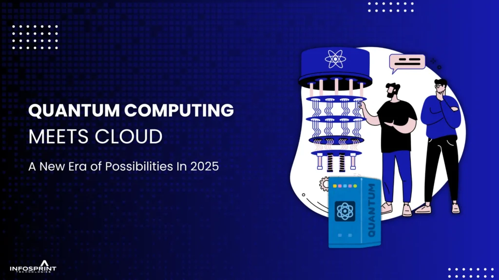 Quantum computer illustration with two people analyzing it, titled “Quantum Computing Meets Cloud – A New Era of Possibilities in 2025.