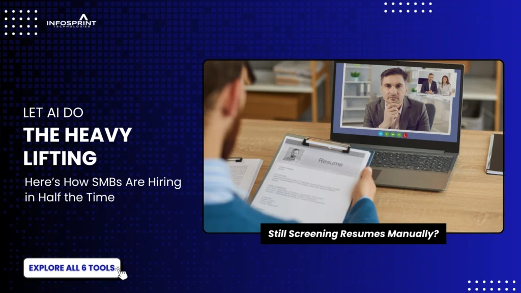 Employer reviewing a resume during a video interview on a laptop, promoting AI tools that cut SMB hiring time in half.