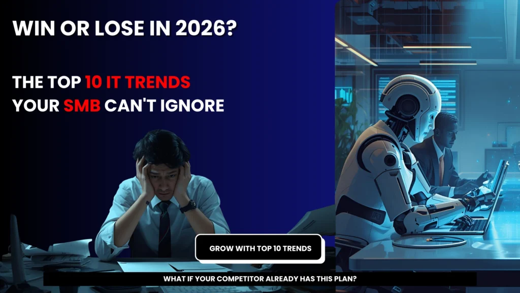 Stressed employee surrounded by paperwork contrasted with a robot working efficiently at a computer, illustrating IT trends SMBs cannot ignore in 2026.
