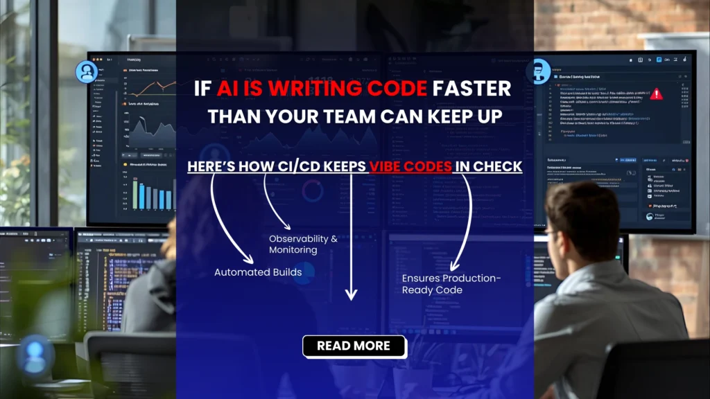Developers in a monitoring room surrounded by dashboards and code editors, highlighting how CI/CD ensures quality and stability for AI-generated code.