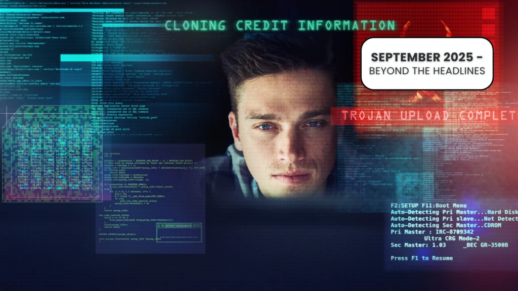 Man’s face overlaid with hacking screens and malware indicators showing messages like ‘Cloning Credit Information’ and ‘Trojan Upload Complete