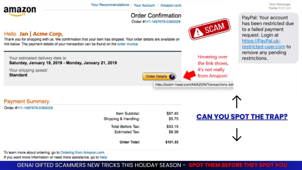 Fake Amazon order confirmation and PayPal restriction text message displayed side-by-side with warnings about identifying phishing traps