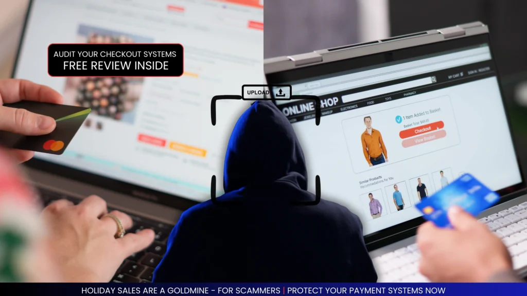 Online shopper entering card details split with a hacker silhouette targeting e-commerce checkout systems during holiday sales rush.