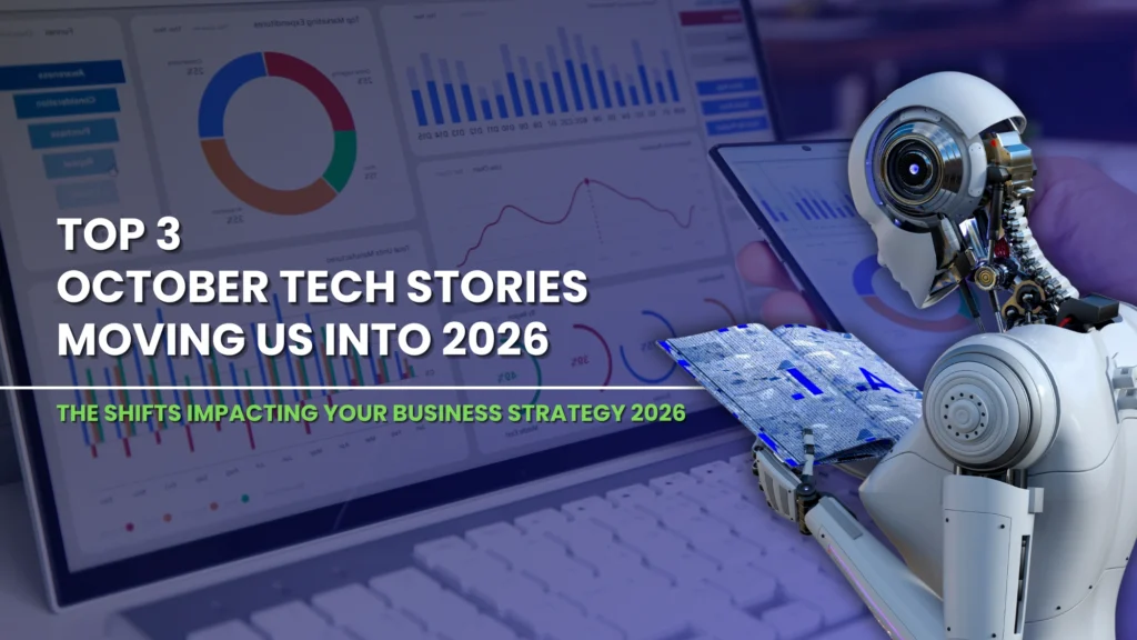 Robot analyzing digital reports on a laptop and tablet, with charts and graphs in the background, highlighting the top October tech stories shaping 2026.