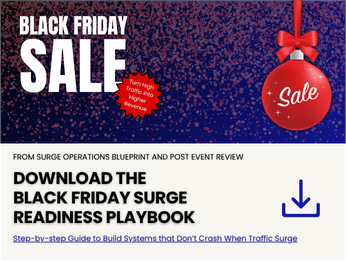  Black Friday Sale banner with a red ornament labeled ‘Sale’ and text promoting a downloadable Black Friday Surge Readiness Playbook for building systems that withstand high traffic during sales events