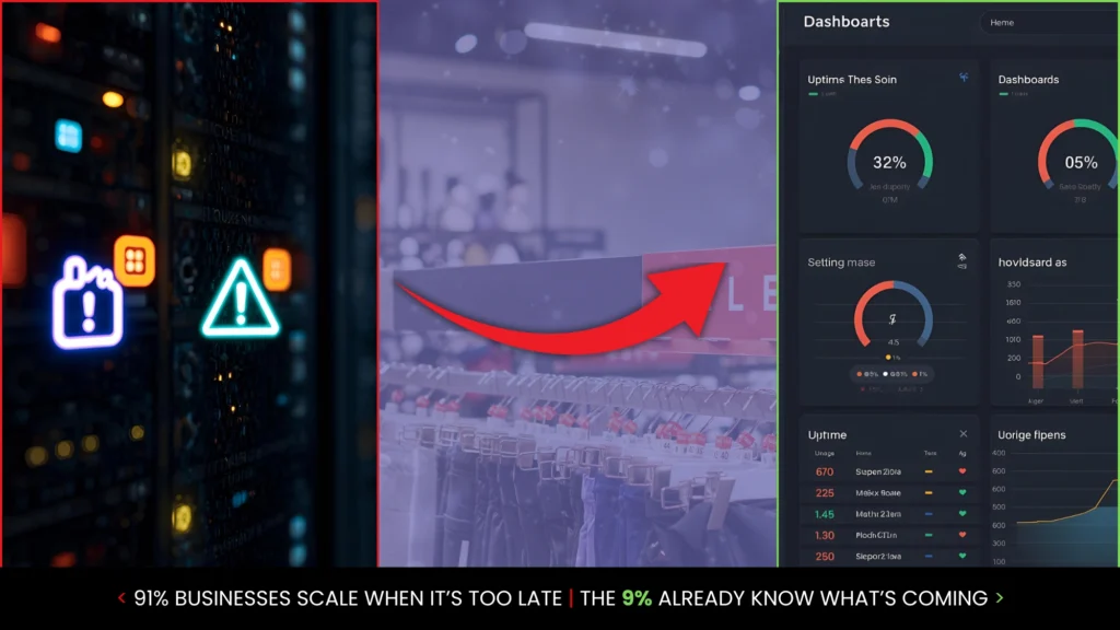 Server racks displaying warning icons on the left, a blurred retail store in the center with an upward red arrow, and a monitoring dashboard on the right, illustrating how 9% of businesses scale proactively using predictive autoscaling
