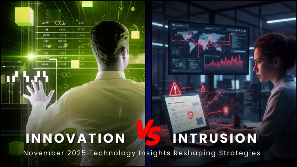 Split-screen image comparing technological innovation and cyber intrusion in November 2025. The left side shows a man interacting with futuristic green data interfaces, symbolizing innovation and emerging tech insights. The right side shows a cybersecurity analyst monitoring red-alert threat dashboards, representing intrusion and rising cyber risks.