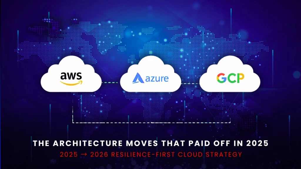 Illustration of AWS, Azure, and GCP cloud platforms connected across a global digital map for a blog on the top cloud architecture moves that succeeded in 2025 and should be repeated in 2026