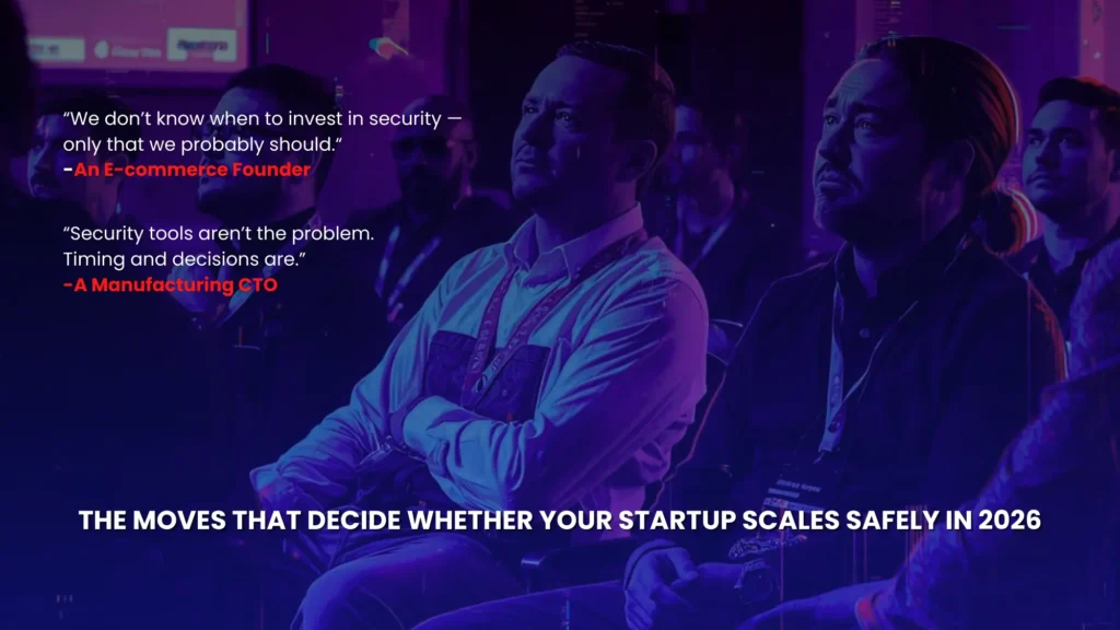 “Startup founders and technology leaders attending a conference, reflecting on cybersecurity investment decisions, illustrating the importance of strategic security planning for startups scaling toward 2026.
