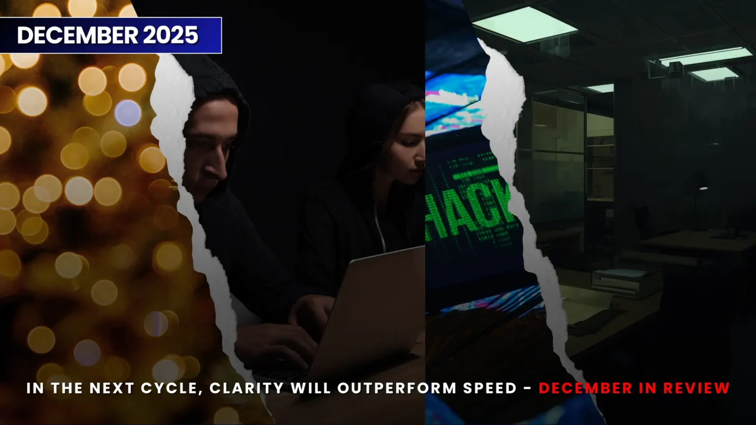  Split-screen illustration showing holiday season lights on one side and cybersecurity activity on the other, with professionals working on laptops and hacking visuals, representing December 2025 security trends and lessons learned in the monthly technology review.