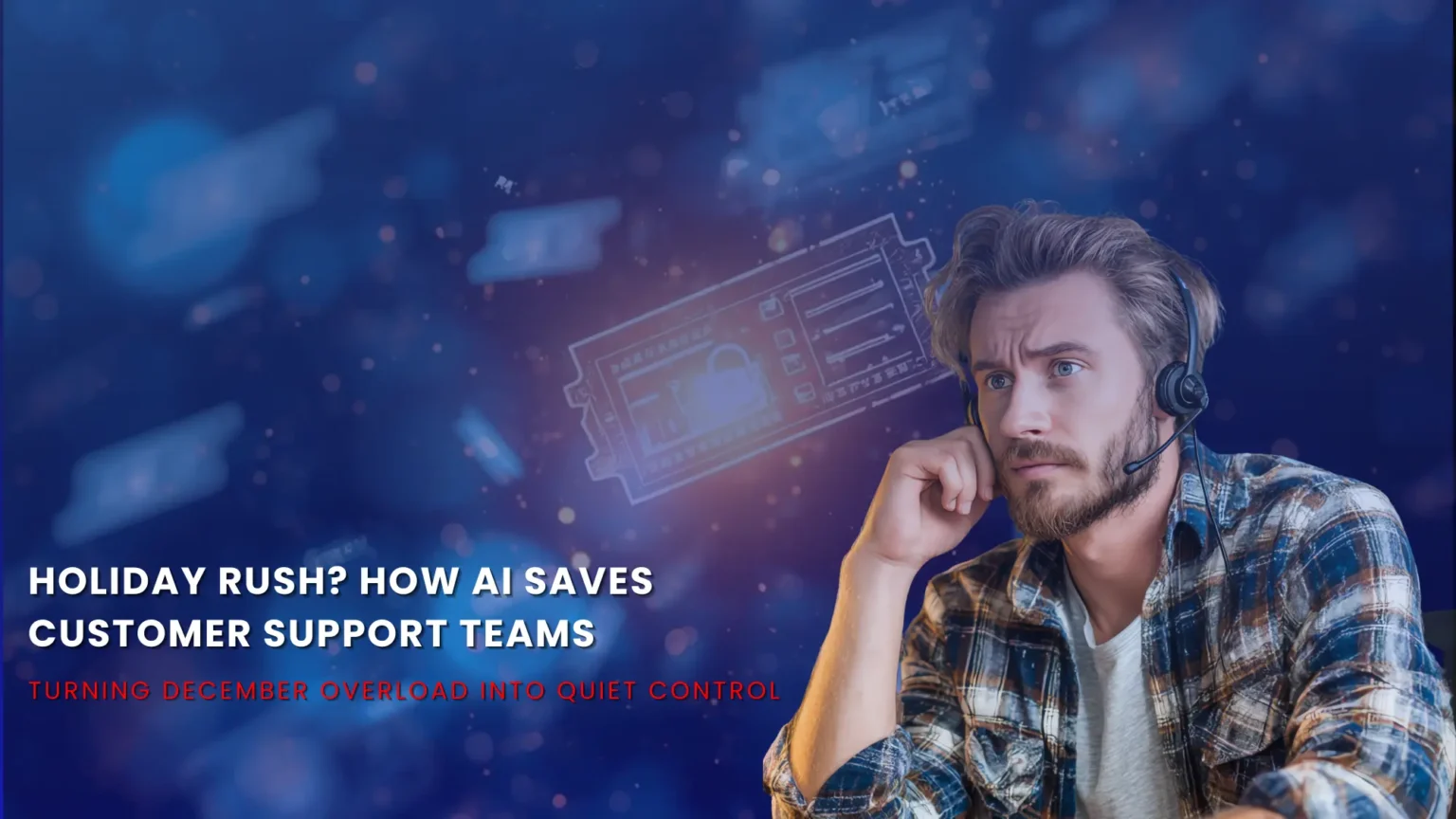 Customer support agent wearing a headset during peak holiday season, with AI-driven digital interfaces in the background, illustrating how AI helps support teams manage December customer service overload