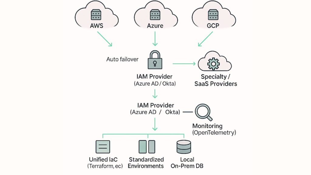 Comparison diagram showing chaotic multi-cloud sprawl on left versus a consolidated targeted multi-cloud architecture on right with centralized IaC and observability.