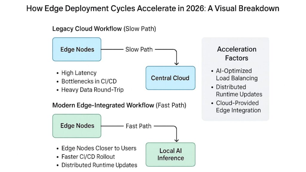Infographic comparing legacy cloud workflows versus modern edge-integrated workflows in 2026, highlighting slow and fast deployment paths, edge nodes, central cloud, local AI inference, and acceleration factors like AI-optimized load balancing, distributed runtime updates, and cloud-provided edge integration.