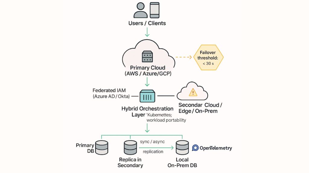 Diagram showing hybrid cloud failover architecture: users route to primary cloud, with automated failover to secondary cloud/on-prem and cross-region database replication.