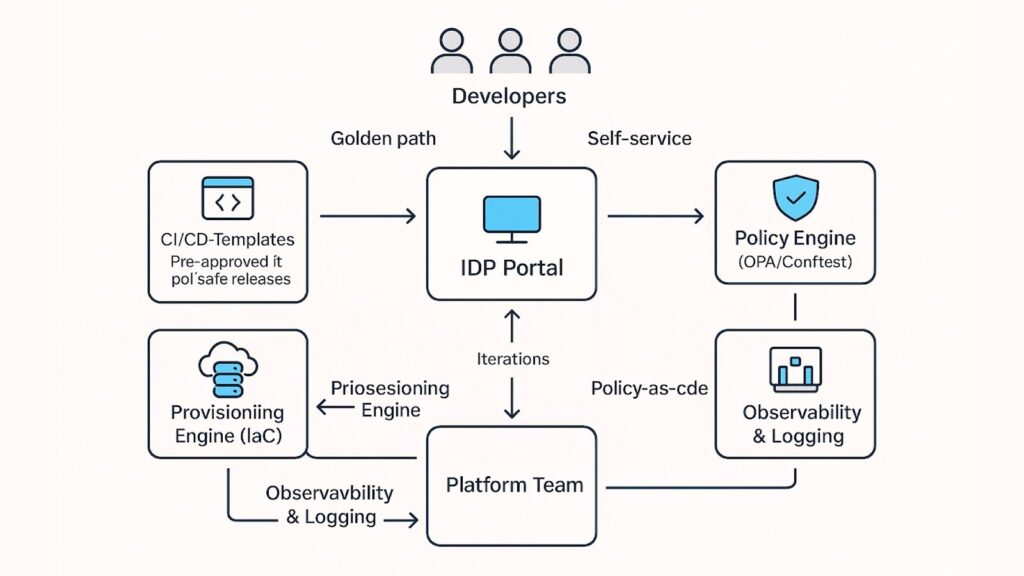 IDP architecture showing developers accessing a central portal that connects to provisioning, CI/CD, policy, observability, and artifact registry.