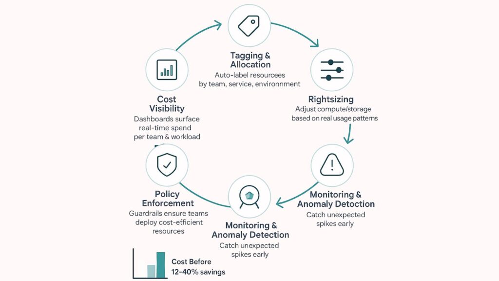 Circular FinOps workflow diagram showing tagging, visibility, rightsizing, commitments, and monitoring with a small chart of cost reduction.