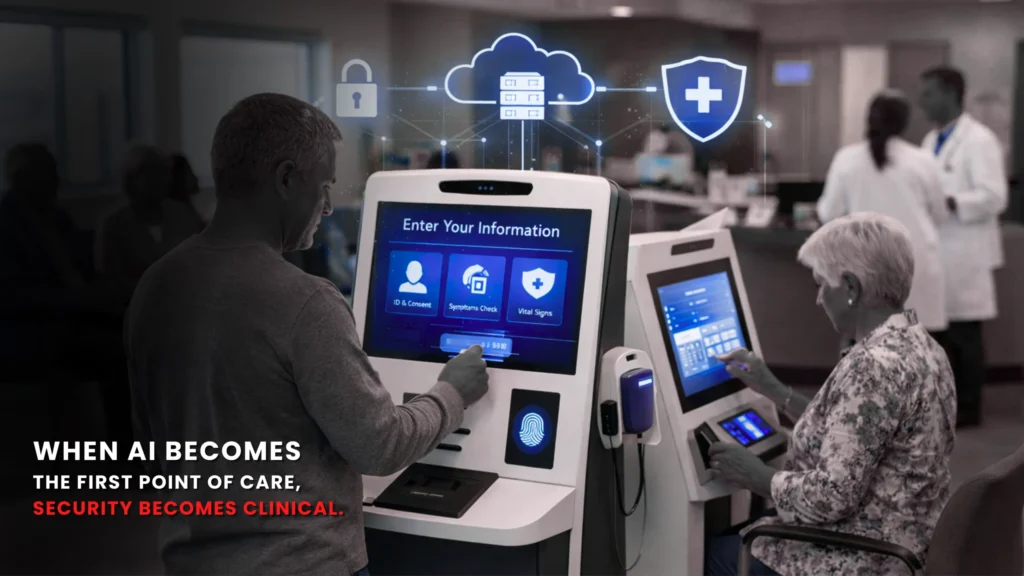 Patients using AI-powered health kiosks in a hospital setting, illustrating secure self-service check-in, identity verification, and clinical data capture with a focus on healthcare security and regulatory compliance.