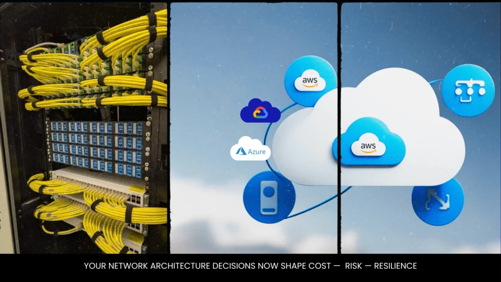 Split-screen image comparing on-premise network infrastructure with dense server cabling on one side and cloud networking platforms such as AWS, Azure, and Google Cloud on the other, illustrating modern infrastructure decision-making between physical data centers and cloud architectures