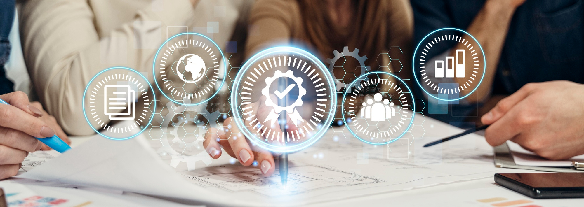 GRC compliance dashboard on a monitor showing regulation and audit-related icons.
