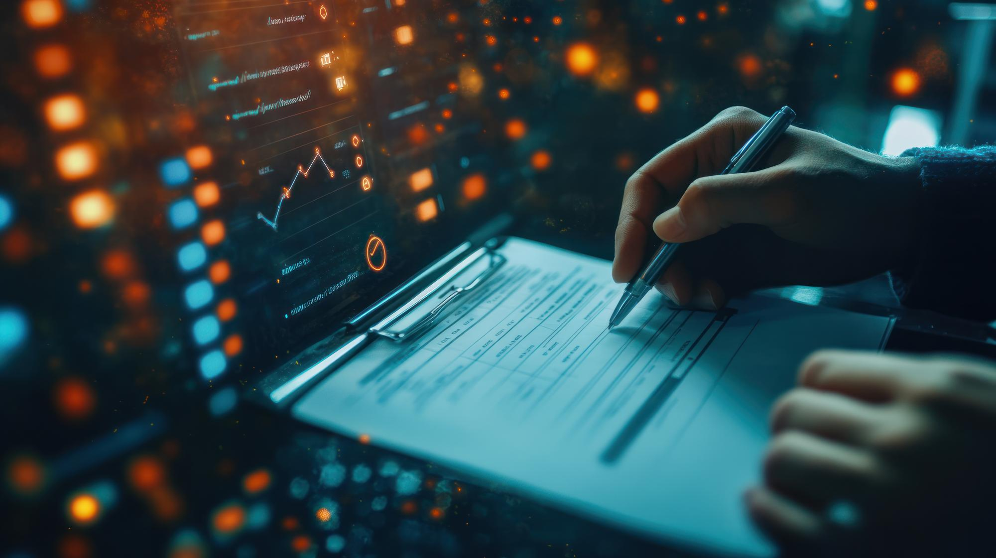 Hands typing on keyboard with warning alert hologram representing cybersecurity incident response and threat mitigation.