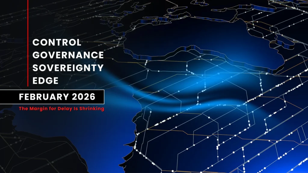February 2026 executive technology brief banner featuring a digital global network map background with themes of control, governance, sovereignty, and edge computing, highlighting the message “The Margin for Delay Is Shrinking.
