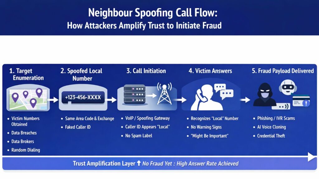  Diagram illustrating the neighbour spoofing call flow used in phone fraud. Shows five stages: target number enumeration, spoofing a local caller ID, VoIP-based call initiation, victim answering due to perceived local trust, and delivery of fraud such as phishing, AI voice cloning, or credential theft.