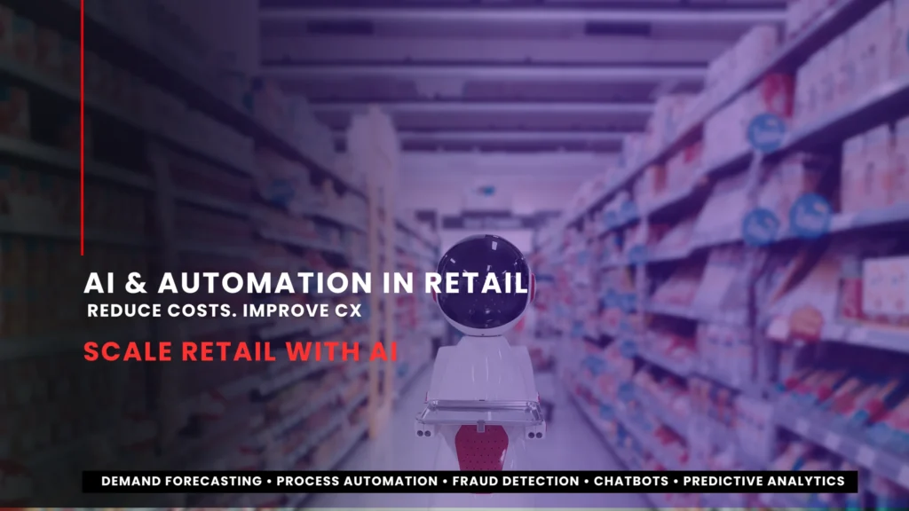 AI and automation in retail store environment showing a service robot in a supermarket aisle, highlighting how retailers reduce costs by 40–60% while improving customer experience through AI, demand forecasting, and process automation.