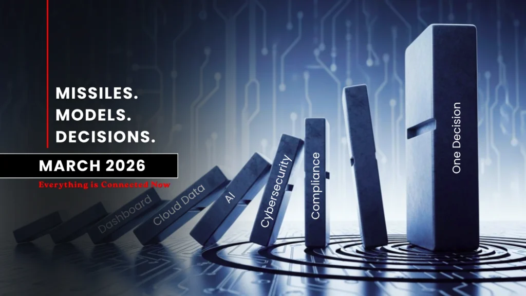 AI, cloud data, cybersecurity and compliance systems shown as falling dominoes leading to one decision, representing interconnected technology trends in March 2026